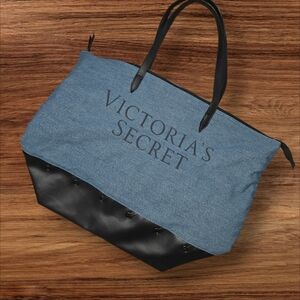 Victoria's Secret Blue Denim And Faux Black Leather Large Black Tote Bag